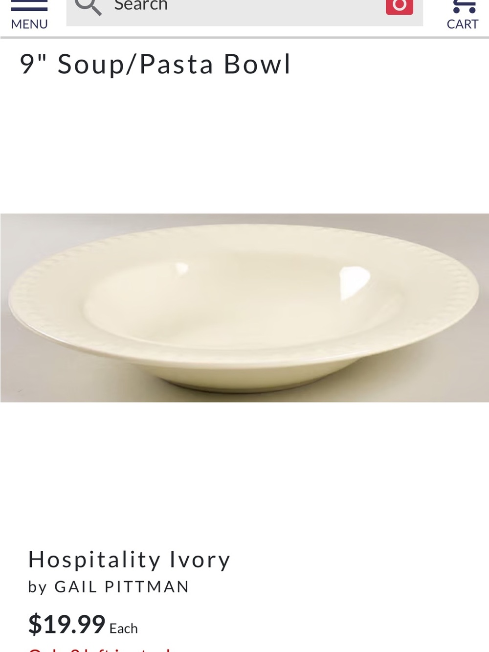 Gail Pittman Hospitality Ivory 9" Soup/Pasta Bowl
